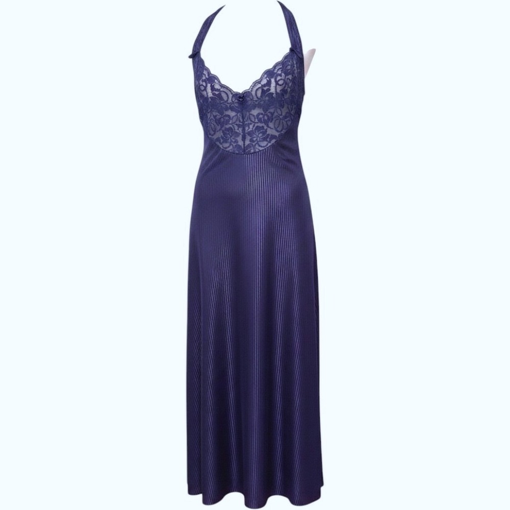 Vintage Petra Navy Blue Pleated Satin Lace Trim Nightgown Cross Back Chemise XL
